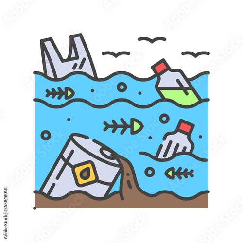 Water pollution color line icon. Environmental problems. Sign for web page, app. UI UX GUI design element. Editable stroke