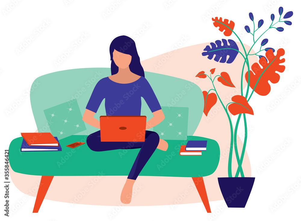 Young Women Working At Home. Lady Employees Sitting On The Sofa While Using  On Her Laptop. Remote Working And Freelancing Concept. Vector Flat Cartoon  Illustration. Stock Vector | Adobe Stock