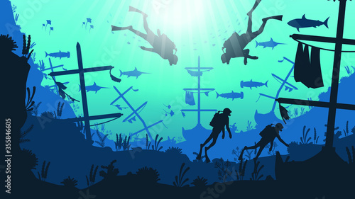 Abstract Blue Underwater Ocean Sea Nature Background Vector With Fish Shadows Seaweed DIvers