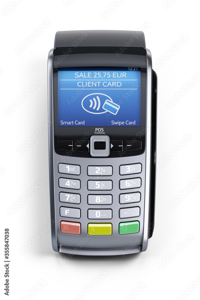 POS Terminal Isolated on White Background. Top View of Payment Machine, Bank Payment Terminal, 3d rendering Mockup POS Terminal Isolated on White Background. Top View of Payment Machine, Bank Payment Terminal, 3d rendering Mockup