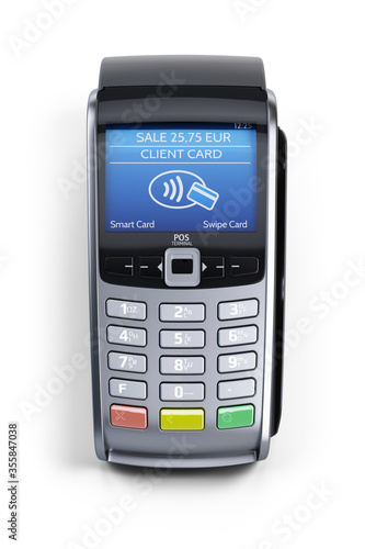 POS Terminal Isolated on White Background. Top View of Payment Machine, Bank Payment Terminal, 3d rendering Mockup photo