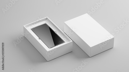 Blank open box with mobile phone isolated on grey background, Packaging mockup Template for your design. 3d rendering.