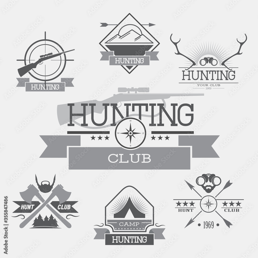 vector set hunting club labels, icons, and design elements on a gray background