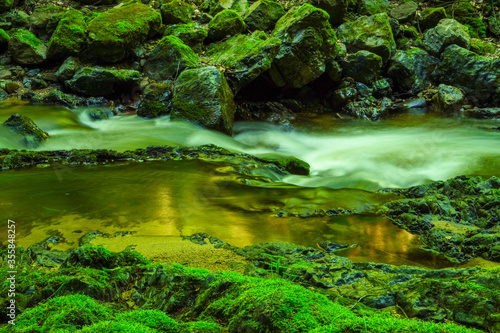Forest stream running over mossy rocks. Filtered image: colorful effect. 