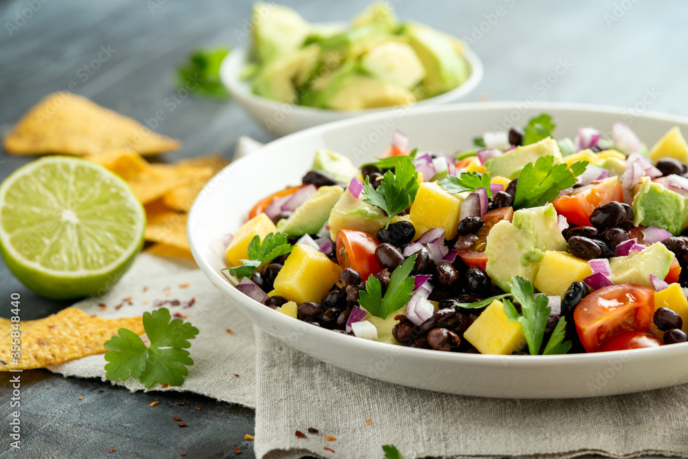 Avocado, mango salad with black bean, tomato, red onion and tortilla chips. healthy food Avocado, mango salad with black bean, tomato, red onion and tortilla chips. healthy food