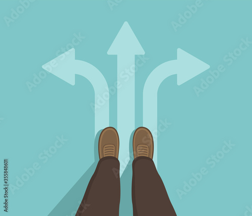 Male standing on the road with three direction arrows top view. Taking decision for the future. Flat vector illustration.