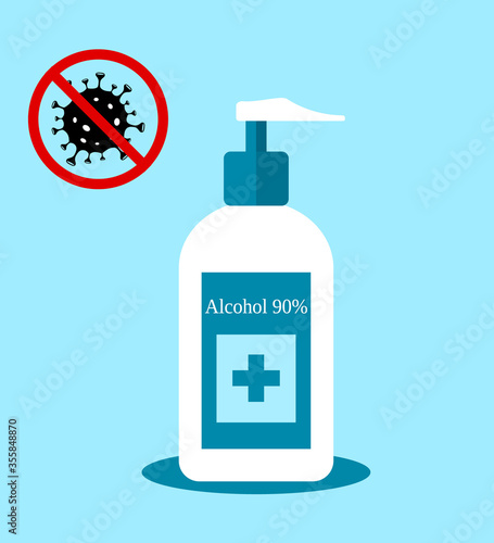 Vector illustration of medical alcohol bottle for disinfection of hands from coronovirus.