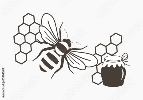 Vector icon with bee, honeycomb and pitcher for honey of dark brown on a white background.