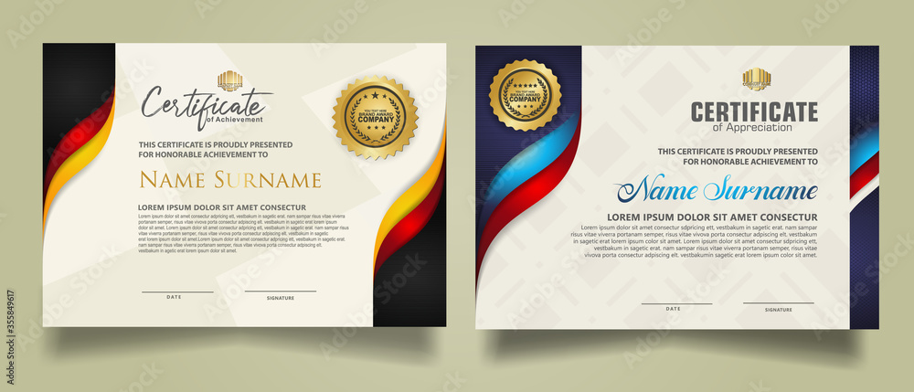 set horizontal certificate template with flow lines ornament and modern texture pattern background. Diploma. Vector illustration