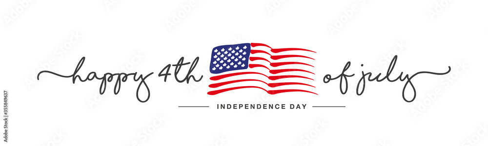 Happy 4th of july Independence day handwritten typography text USA abstract wavy flag white background banner Happy 4th of july Independence day handwritten typography text USA abstract wavy flag white background banner