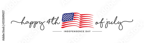 Happy 4th of july Independence day handwritten typography text USA abstract wavy flag white background banner photo
