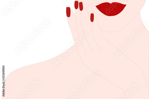Beautiful girl showing a color of Manicure Nails and  color lipstick on her lip. Cosmetic, make up, spa, nail salon concept.