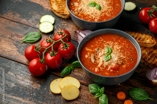 Принти на полотні Seasonal vegetables classic minestrone soup with pasta served with cheese, grill
