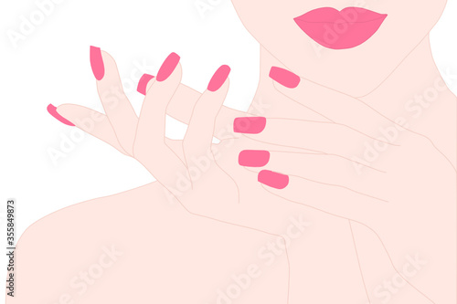 Beautiful girl showing a color of Manicure Nails and  color lipstick on her lip. Cosmetic, make up, spa, nail salon concept.