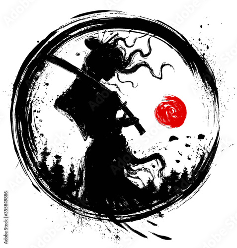 Silhouette of a samurai girl with a katana on her shoulder, standing in profile, drawn with mascara, her hair fluttering in the wind, in the background forest and sun 2d illustration.