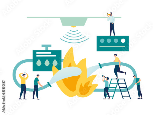 vector illustration, fire emergency concept with fireman in action, little men put out the fire