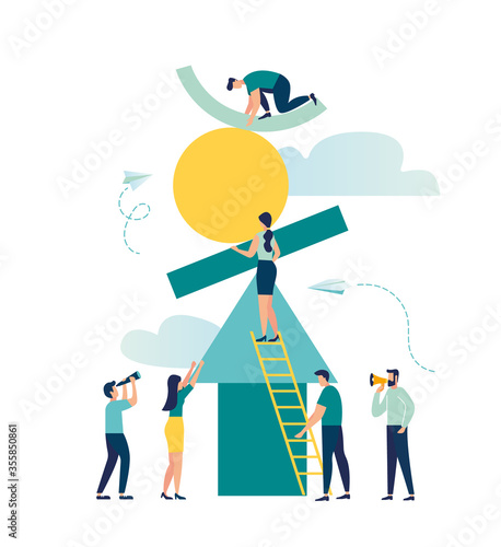 vector illustration flat people. a group of people collect abstract geometric elements forming a pyramid. creative metaphor financial pyramid or marketing pyramid