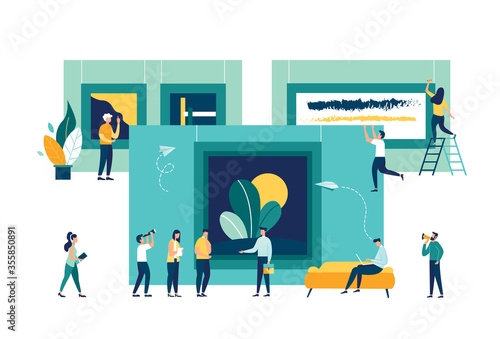 vector flat illustration. a group of people visit the gallery of modern art. art gallery museum. people at an exhibition of paintings
