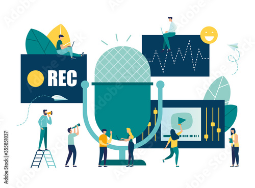 vector illustration, news, interviews, music, voice acting, sound recording on the radio into a microphone, teamwork