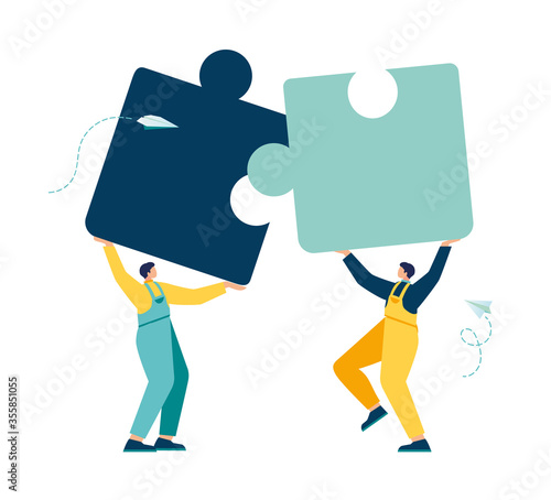 Business concept. Team metaphor. people connecting puzzle elements. Vector illustration flat design style. Symbol of teamwork, cooperation, partnership.