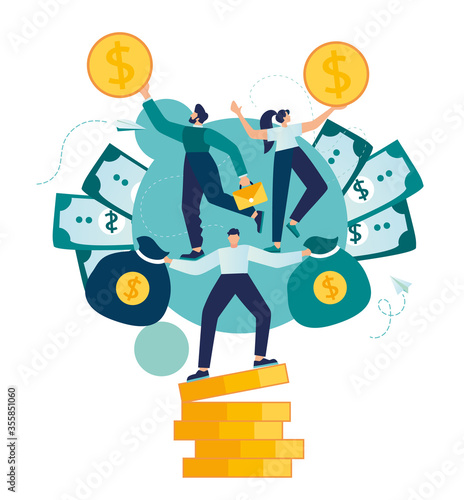 Vector illustrations, teamwork and corporate leisure, cash balance, Investment management, the company is engaged in joint construction and growing cash profits