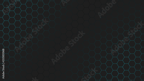 Background of hexagons of honeycombs in blue on black background.