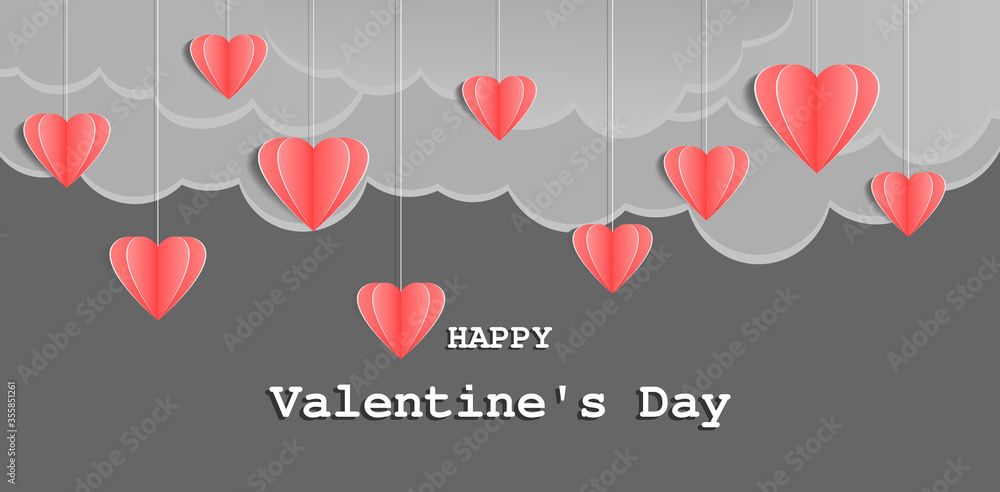 Greeting card happy Valentine's Day with hearts and clouds on grey background. Greeting card happy Valentine's Day with hearts and clouds on grey background.