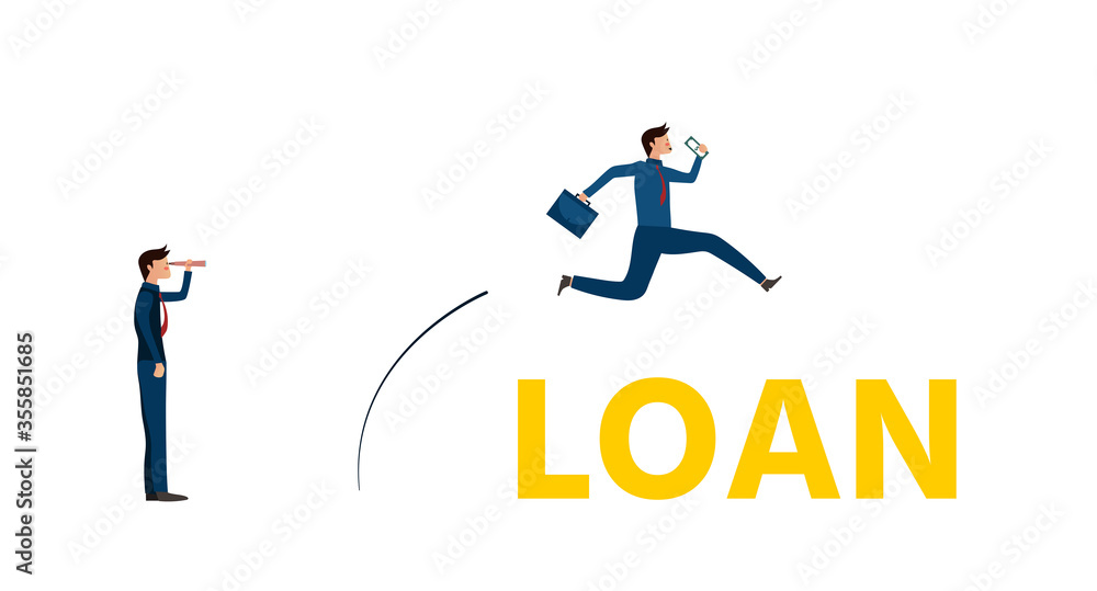 Business vision, Businessman carrying office bag and money are jumping over loan lettering,another one standing and  looking,Cute character,Pink cheek,Rosy cheek, vector illustration for graphic