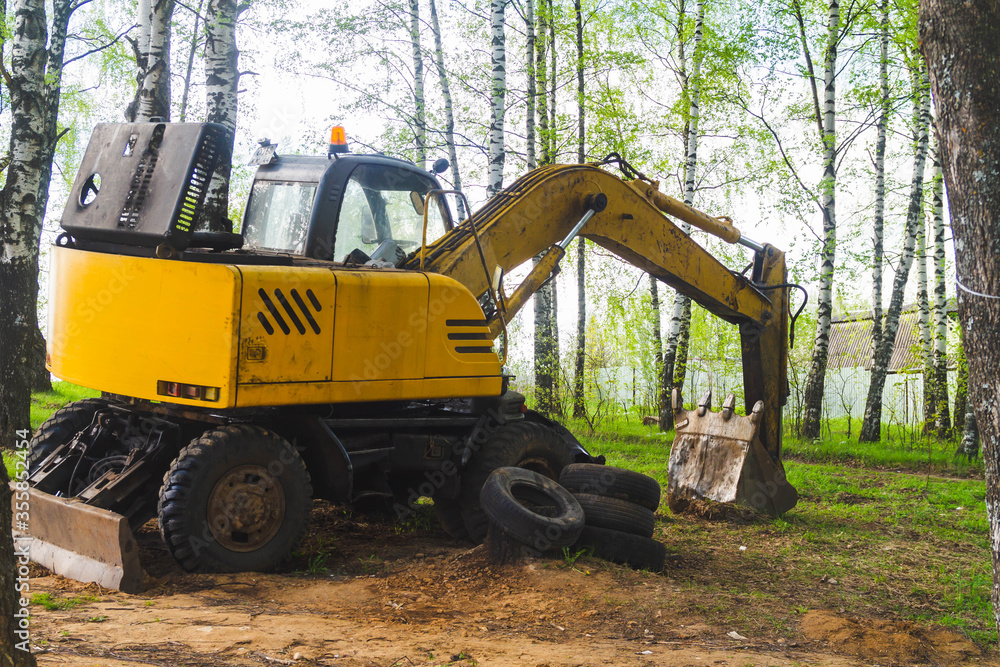 The excavator is in the forest. The excavator is in the forest.