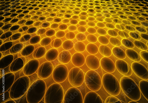 Flying golden discs in space fractal illustration