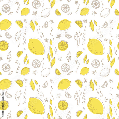 Seamless pattern lemon with leaves on a white background
