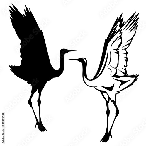 elegant japanese crane bird standing with wings up - black and white vector outline and silhouette set