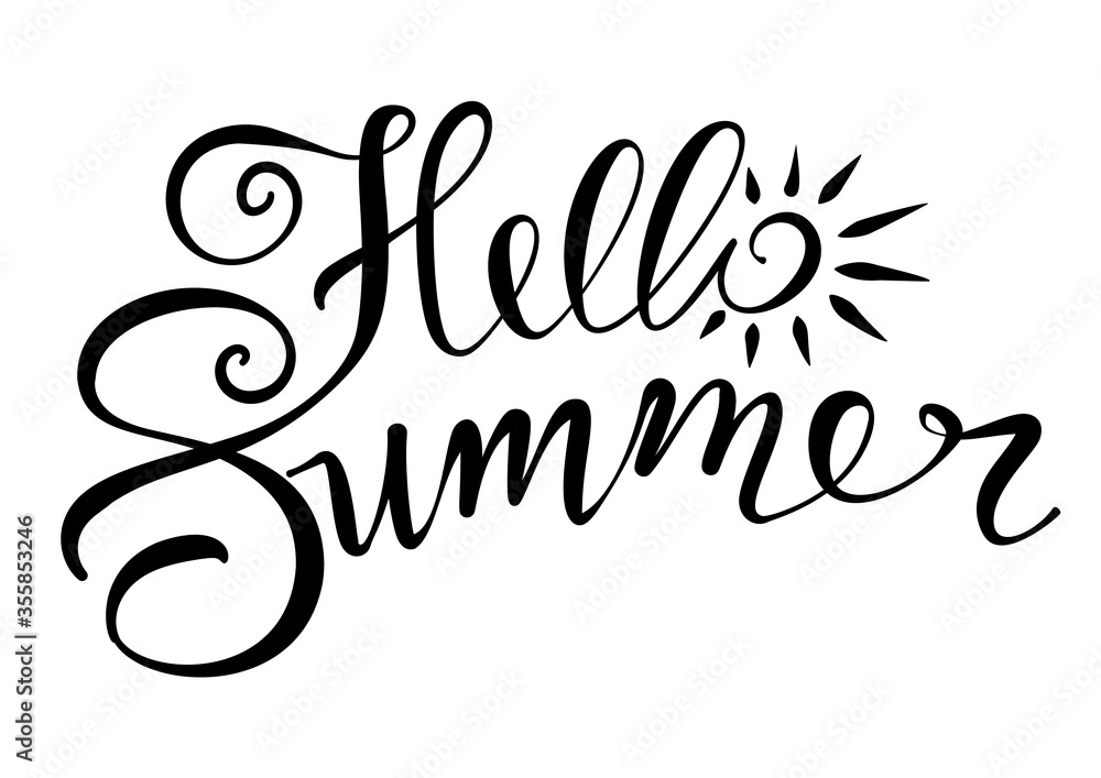 Fototapeta premium Hello summer hand drawn lettering with sun icon. Logo templates.