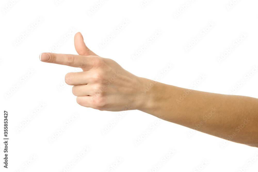 Pointing left. Woman hand gesturing isolated on white Pointing left. Woman hand gesturing isolated on white
