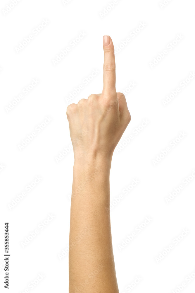 Number one. Woman hand gesturing isolated on white Number one. Woman hand gesturing isolated on white