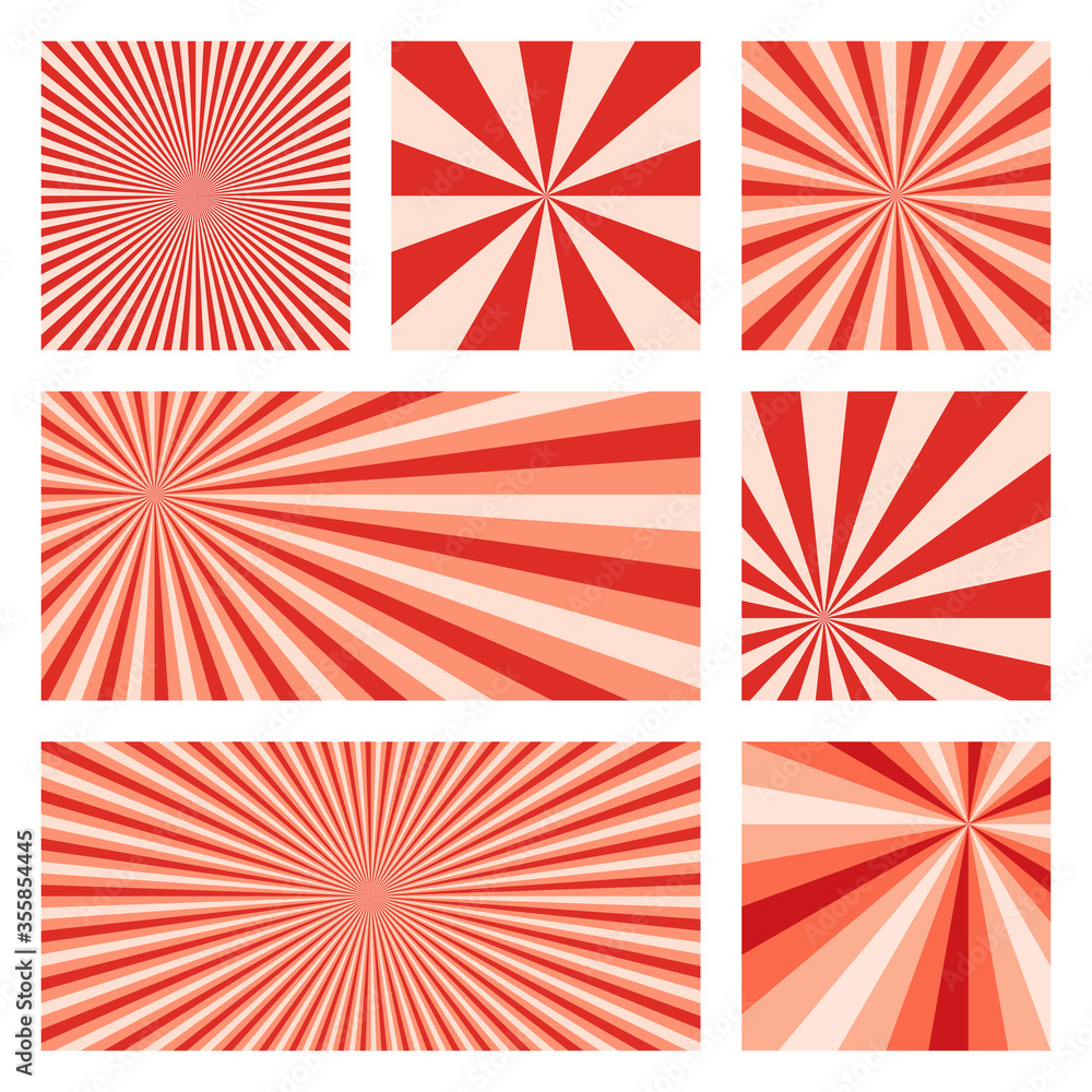 Artistic sunburst background collection. Abstract covers with radial rays. Superb vector illustration.