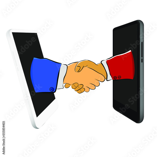 Simple Vector illustration legal Online business agreement thru Smartphone due the social or physical distancing cause covide-19 pandemic
