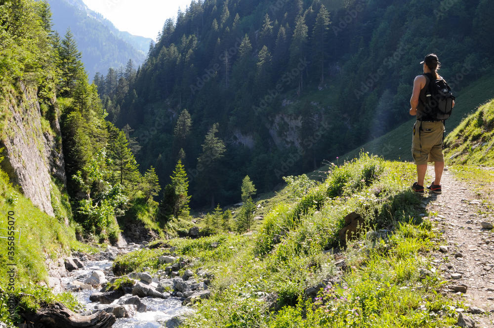 jeune homme randonnant sur un chemin à travers une vallée verdoyante dans les alpes suisses.
