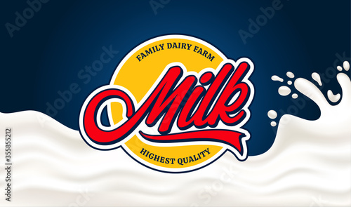 Vector milk round label template. Milk splash vector illustration for dairy products packaging, branding and advertisment