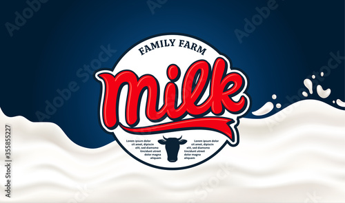 Vector milk illustration with round label, milk splash and cow icon for dairy products packaging, branding and advertisment