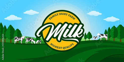 Vector milk illustration with round label, summer rural landscape and holstein cows and calves for dairy products packaging, branding and advertisment