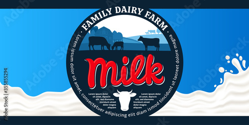 Vector milk round label and packaging design elements. Milk splash vector illustration. Dairy farm illustrations with cows and calves