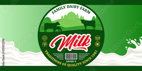 Vector milk round label and packaging design elements. Milk splash and dairy farm illustrations with cows and calves