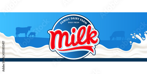 Vector milk round label. Milk splash vector illustration on a blue background. Cow and calf silhouettes. Dairy product modern style banner