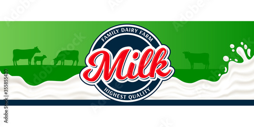 Vector milk round label template. Milk splash vector illustration on a green background. Cow and calf silhouettes. Dairy product modern style horizontal banner