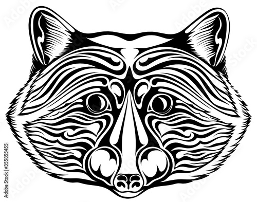 Black and white stylized image of a muzzle of a raccoon for tattoo and other.