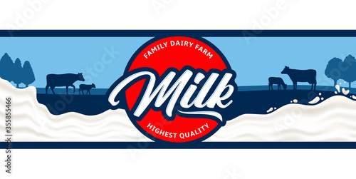 Vector milk illustration with round label, milk splash and cow and calf silhouettes for dairy products packaging, branding and advertisment
