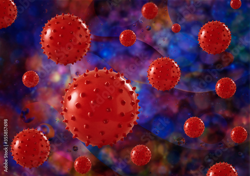 Image of CAVID-19 influenza virus cell cavid-19 Coronavirus influenza banner background.Pandemic medical crisis-cell disease as 3D visualization.Social distancing at home © Mikhail