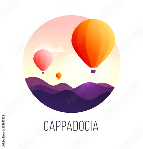 Vector illustration of a popular turkish travel destination Cappadocia. Sunset landscape with bright hot air balloons in the sky