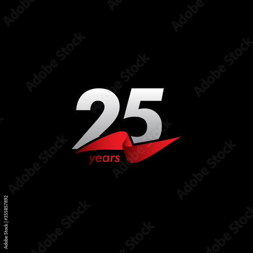25 Years Anniversary Celebration White Black Red Ribbon Vector Template Design Illustration